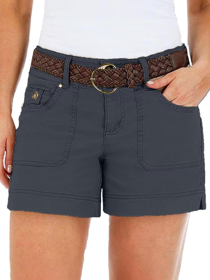 Flamingals Women's Mid Waist Solid Split Side Flap Pocket Casual Shorts Grey L - Image 1