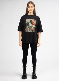 Artograph Women oversize premium cotton black T-shirt with artist unique painting Flowers  - Image 1