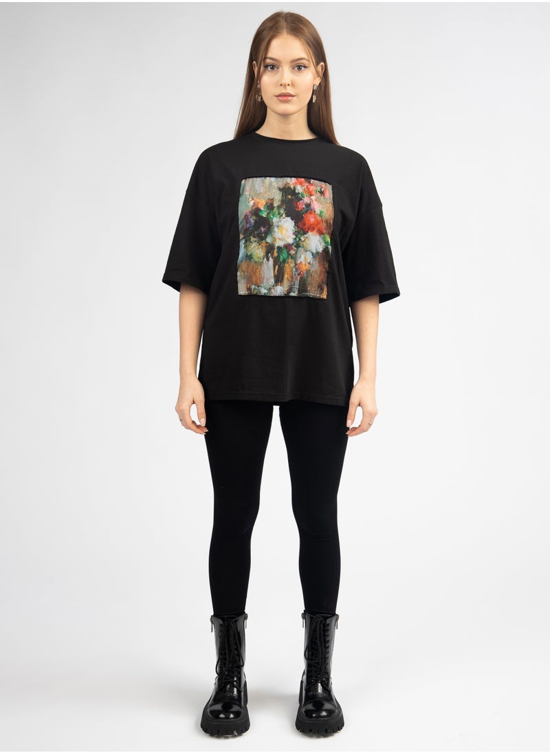 Artograph Women oversize premium cotton black T-shirt with artist unique painting Flowers  - Image 1