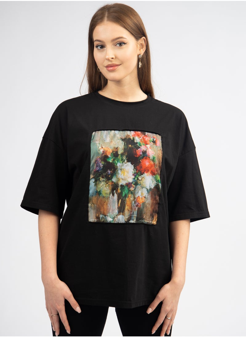 Artograph Women oversize premium cotton black T-shirt with artist unique painting Flowers  - Image 2