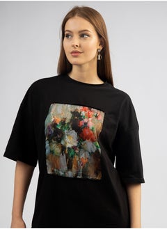 Artograph Women oversize premium cotton black T-shirt with artist unique painting Flowers  - Image 3