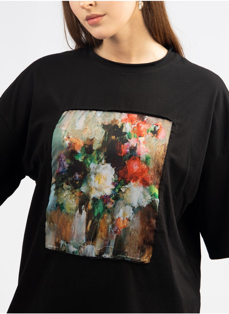 Artograph Women oversize premium cotton black T-shirt with artist unique painting Flowers  - Image 5
