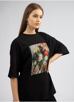Artograph Women oversize premium cotton black T-shirt with artist unique painting Flowers  - Image 4