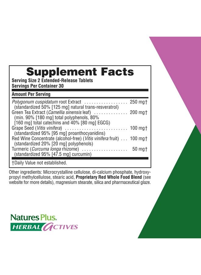 NaturesPlus Natures Plus Herbal Actives Resveratrol, Extended Release - 125 mg, 60 Vegetarian Tablets - Gluten-Free - 30 Servings - Image 2