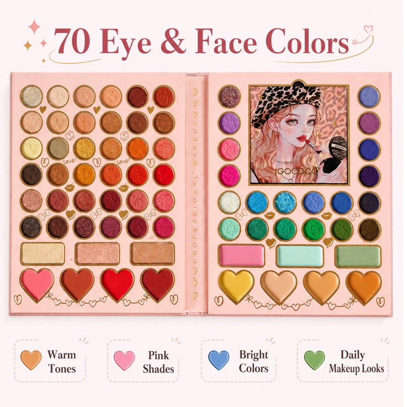 Me Now 70 Color Eye & Face Makeup Palette All-in-One Eyeshadow Blush Highlighter Cosmetic Kit with Mirror and 5 Tools Matte Shimmer Glitter Shades for Daily Makeup - Image 2