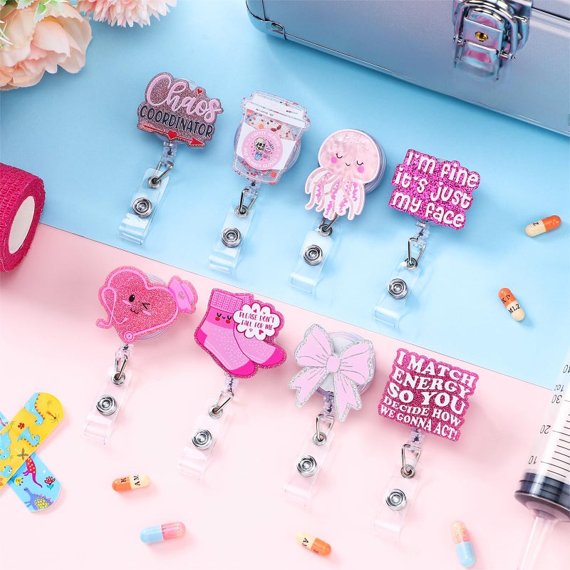 Remuuly 8 Pcs Cute Nurse Badge Reel Retractable Glitter Cow Daisy Smile Face Pink Bow Girly Funny Accessories Name Tag ID Clip Holder for Christmas Nurse Gifts Office School Hospital Teacher - Image 4