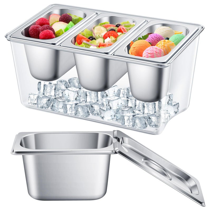 Singhoow Chilled Condiment Server with Lid and 3 Compartments Ice Chilled Condiment Caddy Condiment Organizer Garnish Tray Seasoning Box for Restaurant Serving Party Supply Fruit Salad Food Container - Image 1