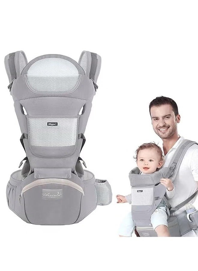 LO.BABY.VE Baby Carrier Ergonomic Infant Carrier with Hip Seat Soft Baby Carrier Newborn to Toddler 7-45lbs Front and Back Baby Holder Carrier (Grey) - Image 1