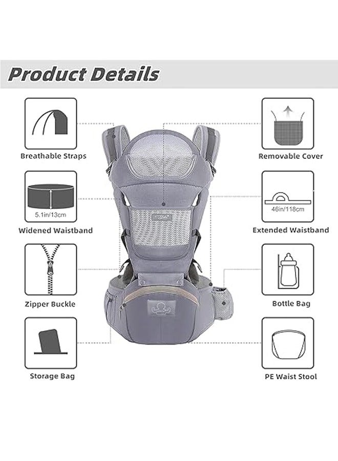 LO.BABY.VE Baby Carrier Ergonomic Infant Carrier with Hip Seat Soft Baby Carrier Newborn to Toddler 7-45lbs Front and Back Baby Holder Carrier (Grey) - Image 2