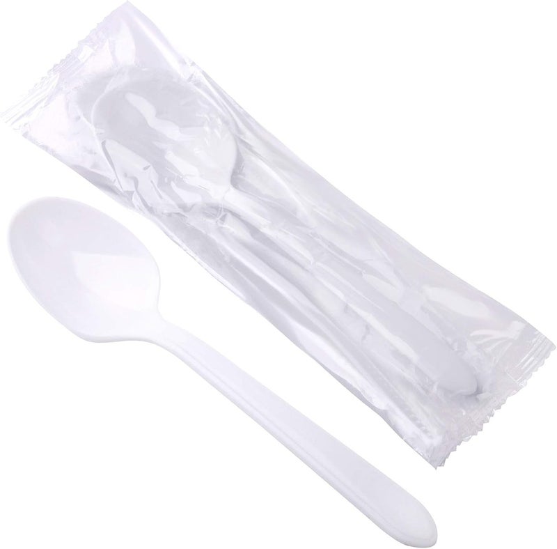 Hokeding 6" Spoons Plastic Disposable,White Plastic Spoons Individually Wrapped 100 pack for Party Supplies,Reusable Plastic Spoons for Outdoors, Home, Office Use(White) - Image 1