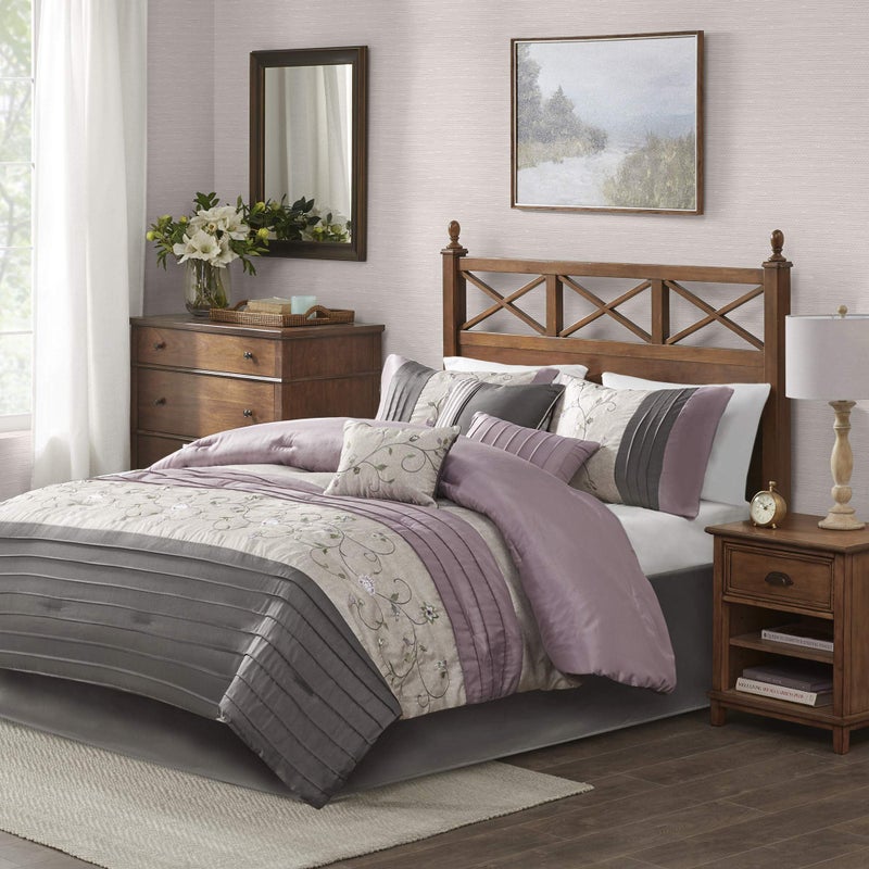 madison park Madison Park Serene Faux Silk Comforter Set  Floral Embroidery Design All Season Bedding Set Matching Bed Skirt Decorative Pillows Purple King104x92 7 Piece 