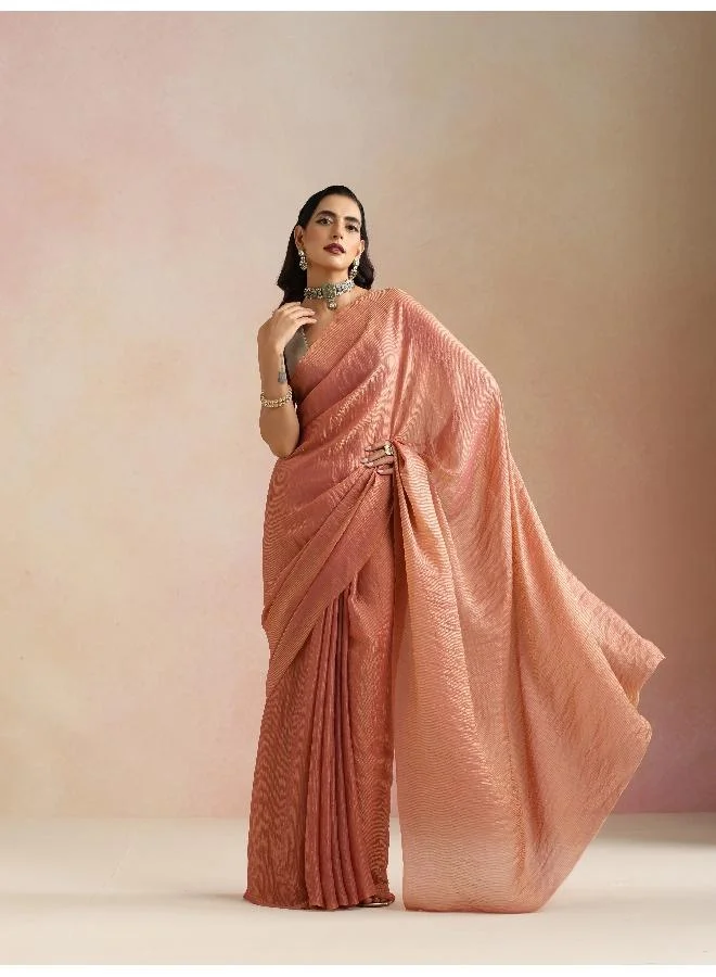 trueBrowns trueBrowns Pink Tissue Stripe Saree With Unstitched Blouse