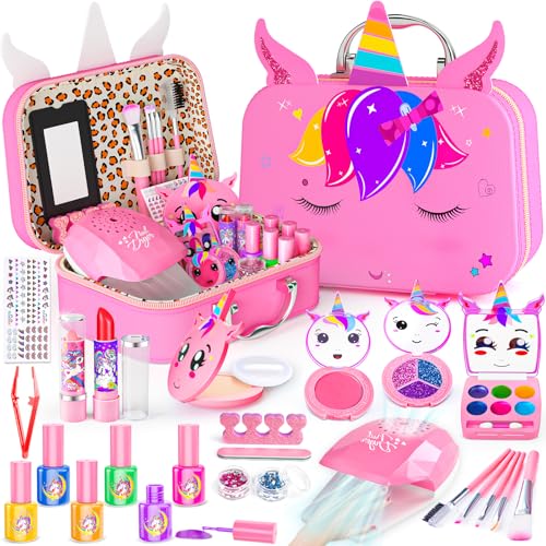 Mqsiuve Kids Makeup Kit for Girl 2 in 1 Kids Washable Makeup Toys Nail Art Kit with Nail Dryer and Storage Case Real Girl Makeup Set Birthday Gifts Toys for 3 12 Year Old Girls Pink - Image 1