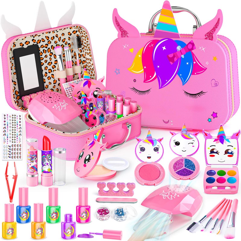 Mqsiuve Kids Makeup Kit for Girl 2 in 1 Kids Washable Makeup Toys Nail Art Kit with Nail Dryer and Storage Case Real Girl Makeup Set Birthday Gifts Toys for 3 12 Year Old Girls Pink - Image 2