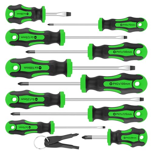 Amartisan 10-Piece Magnetic Screwdrivers Set, 5 Phillips and 5 Slotted Tips Professional Cushion Grip Screwdriver Set 2pcs Portable Multifunction Key Mini Screwdriver (Green) - Image 1