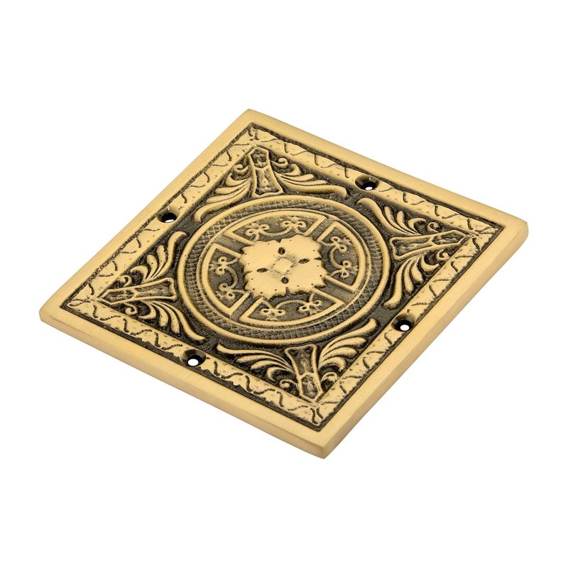 DEVDECOR , Vintage Style Brass Door Decorative Plate – 4 Inch Square Intricately Carved Accent for Home Décor - Image 4