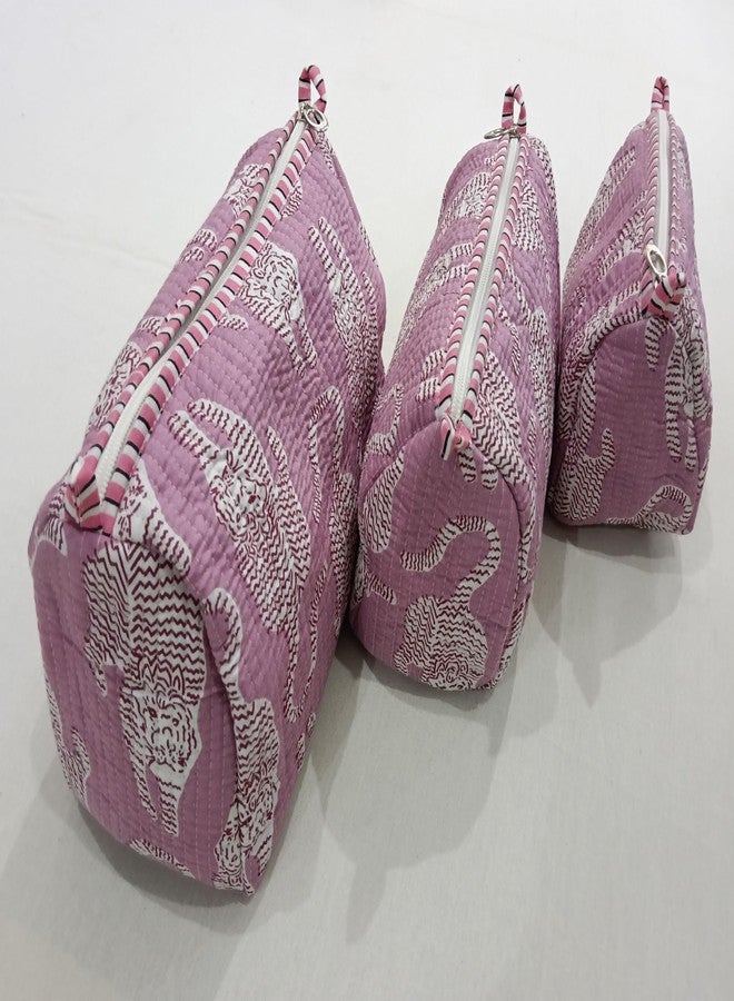 ART WORLD Hand Block Printed Cotton Quilted Floral Toiletry Bag 3 Piece Combo Set Waterproof Traveller Cosmetic Bags (Pink 1) - Image 2