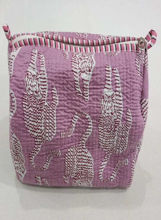 ART WORLD Hand Block Printed Cotton Quilted Floral Toiletry Bag 3 Piece Combo Set Waterproof Traveller Cosmetic Bags (Pink 1) - Image 3