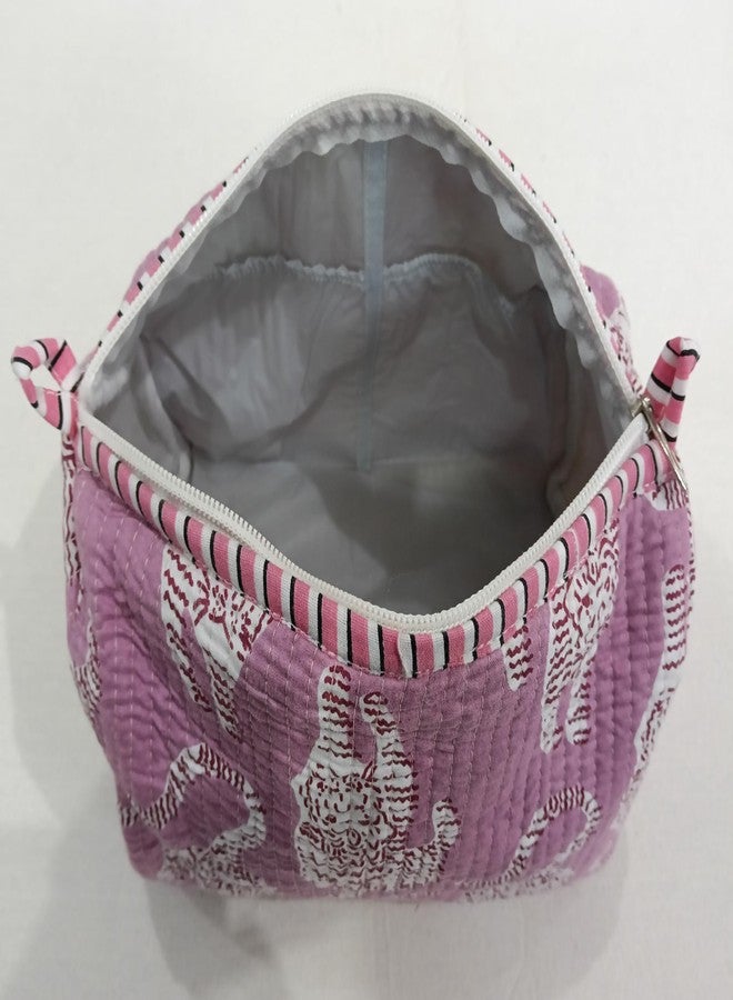 ART WORLD Hand Block Printed Cotton Quilted Floral Toiletry Bag 3 Piece Combo Set Waterproof Traveller Cosmetic Bags (Pink 1) - Image 4