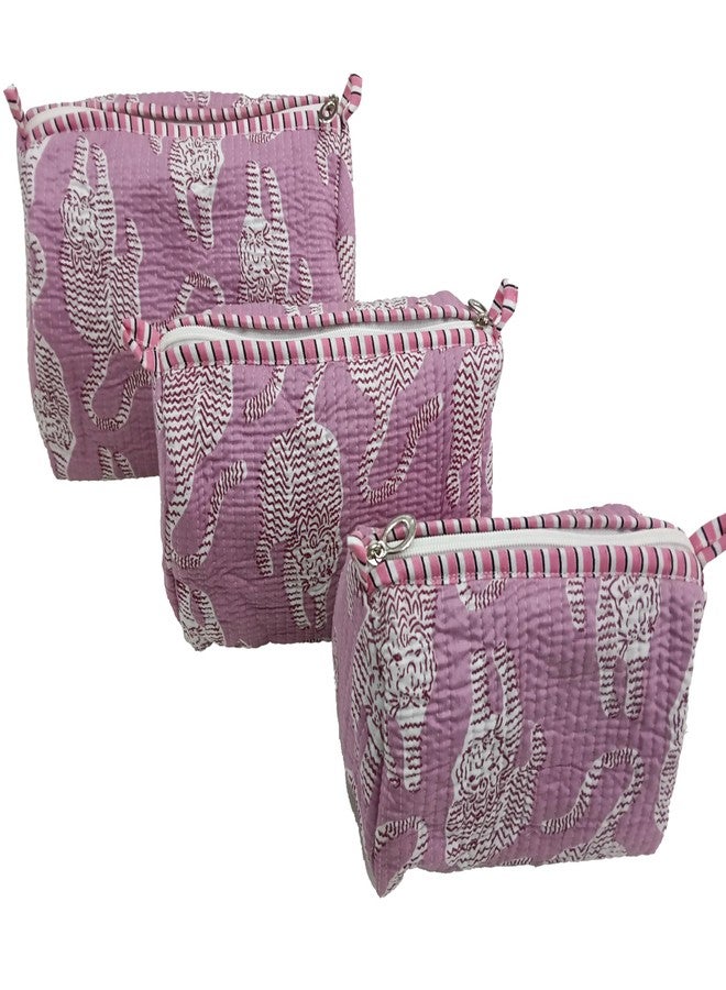 ART WORLD Hand Block Printed Cotton Quilted Floral Toiletry Bag 3 Piece Combo Set Waterproof Traveller Cosmetic Bags (Pink 1) - Image 1