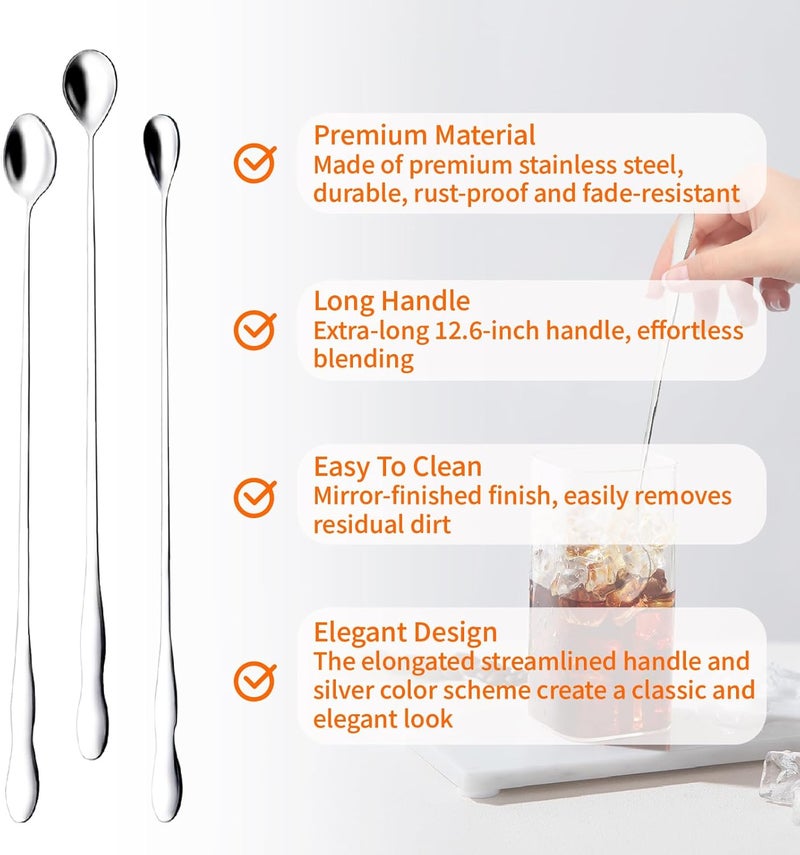 VYNFLICK Iced Tea Spoons Long Handle: 6 Pcs Stainless Steel Coffee Ice Cream Teaspoons 12.6 Inch Cocktail Mixing Stirrers Dessert Spoons - Image 3