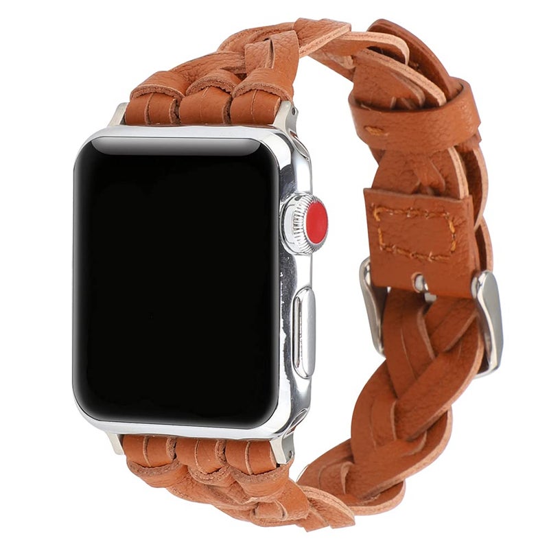 FITTO Braided Leather Strap for Apple Watch 42/44mm, Top Grain Replacement Band (Brown) - Image 1