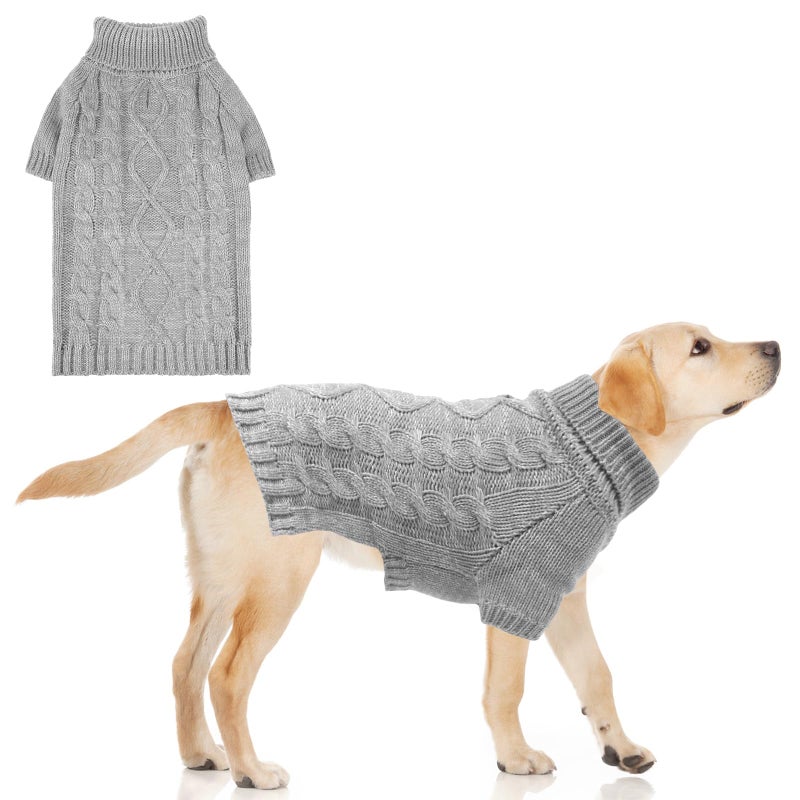 KOOLTAIL Dog Sweater for Large Medium Small Dogs, Fall Dog Sweaters, Turtleneck Cable Knitwear Pet Cold Weather Coats with Leash Hole, Warm Winter Pullover Clothes for Bulldog, Yorkie,Boy Girl,Grey L - Image 1