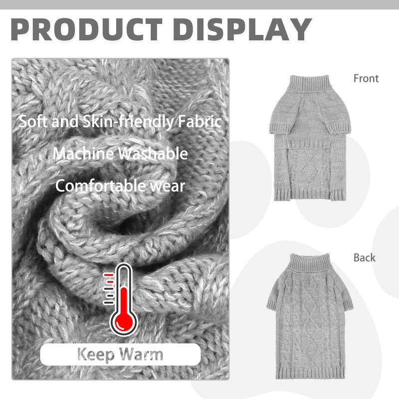KOOLTAIL Dog Sweater for Large Medium Small Dogs, Fall Dog Sweaters, Turtleneck Cable Knitwear Pet Cold Weather Coats with Leash Hole, Warm Winter Pullover Clothes for Bulldog, Yorkie,Boy Girl,Grey L - Image 3