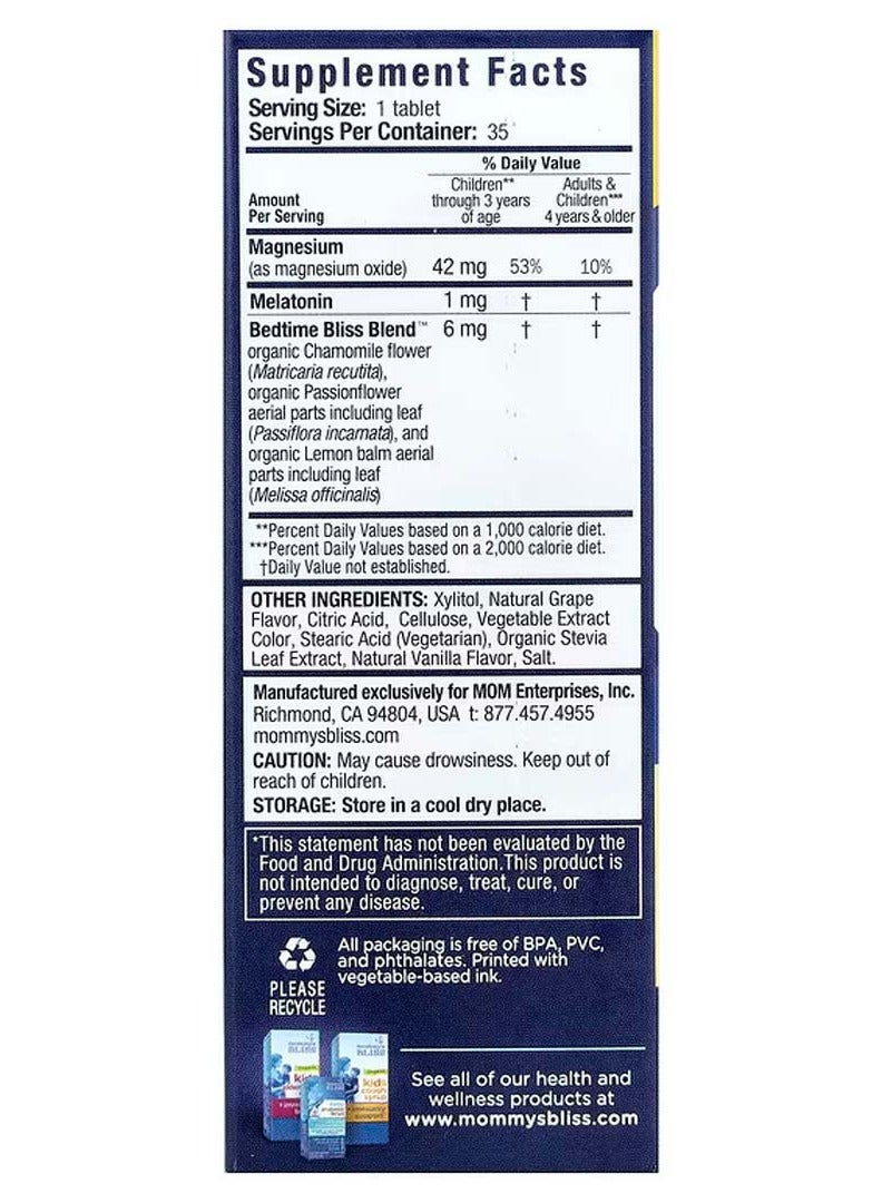 Mommy's Bliss Children's Sleep Aid Chewable Tablets, Melatonin + Magnesium, 3+ Years, Natural Grape Flavor, 35 Chewable Tablets - Image 2