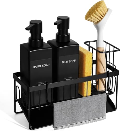 GMISUN Dish Soap Dispenser 12 fl oz 350 ml Dual Kitchen Soap Dispensers with Sponge Holder Customized Matte Black Kitchen Soap Dispenser Set Modern Hand and Dish Soap Bottle Set Removable