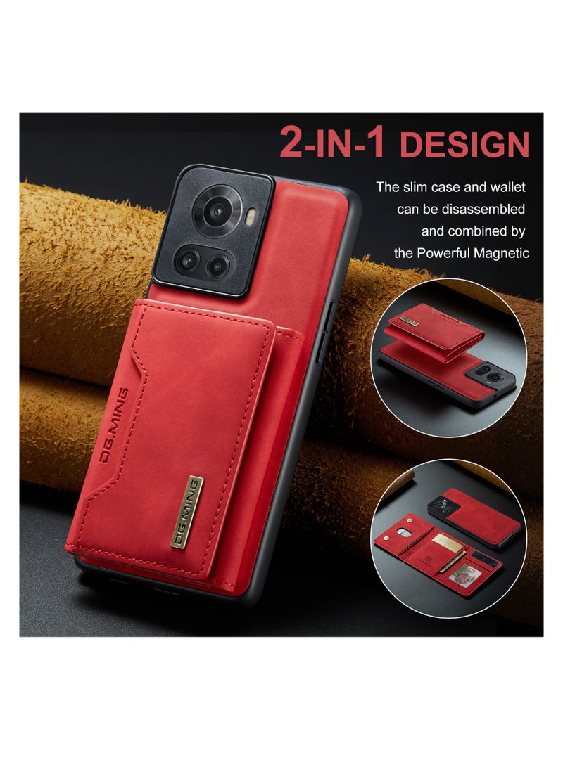 DGMING Wallet Case for OnePlus 10R, DG.MING Premium Leather Phone Case Back Cover Magnetic Detachable with Trifold Wallet Card Holder Pocket (Red)  - Image 3