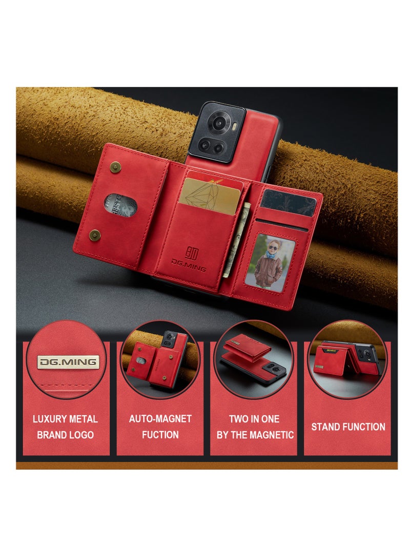 DGMING Wallet Case for OnePlus 10R, DG.MING Premium Leather Phone Case Back Cover Magnetic Detachable with Trifold Wallet Card Holder Pocket (Red)  - Image 4