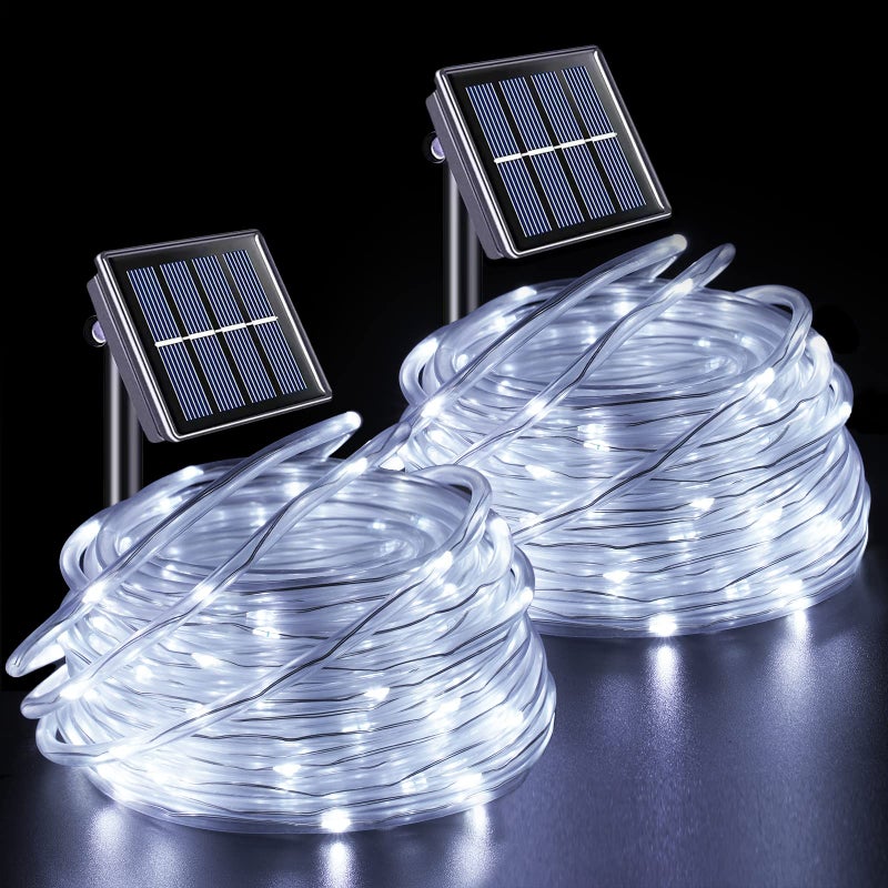 YEGUO Solar Rope Lights Outdoor Waterproof 2 Packs Each 33ft 100 LED String Lights 8 Modes Fairy Lights in Clear Thin Tube for Camping Fence Patio Garden Trampoline DeckWhite