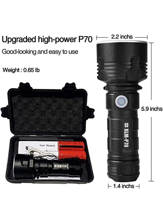 Waterproof flashlight with high light output of 30,000-100,000 lumens, XLM-P70 50W ultra-bright LED light with 3 lighting modes, rechargeable flashlight with USB port (50W XLM-P70, dual lithium battery) - Image 2