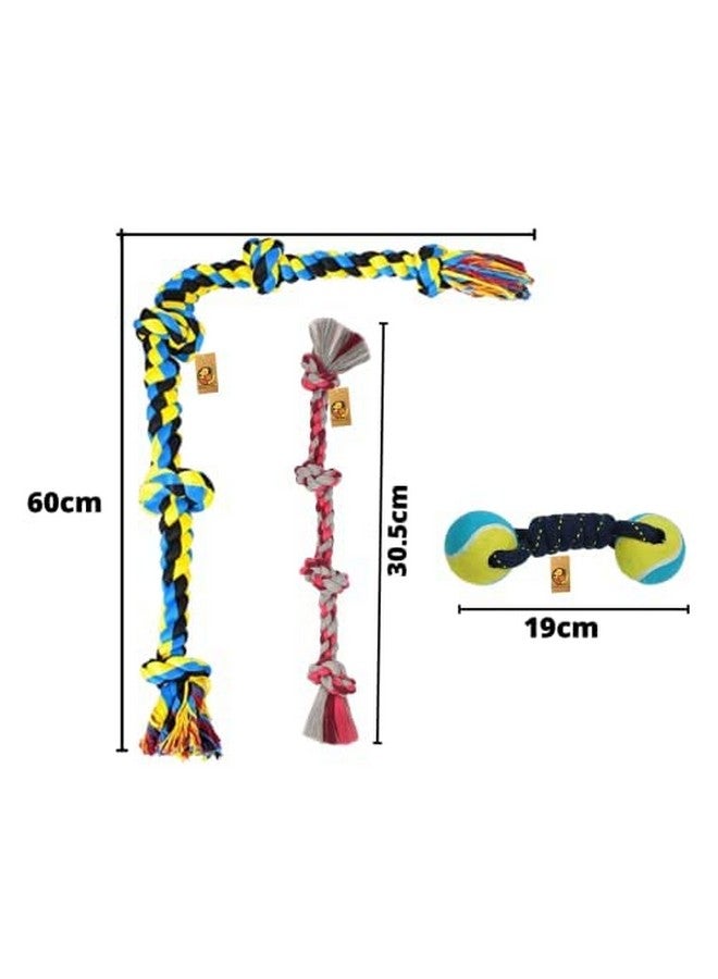 Durable Cotton Rope Chew Toy Combo Of 3, (4Knot, 5Knot, Double Tennis) | Chewing, Playing, Teething And Training For Large Dogs And Aggressive Chewer (Color May Vary) - Image 2