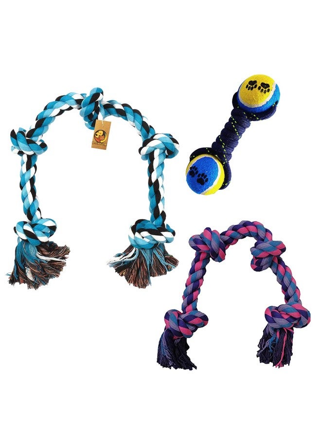 Durable Cotton Rope Chew Toy Combo Of 3, (4Knot, 5Knot, Double Tennis) | Chewing, Playing, Teething And Training For Large Dogs And Aggressive Chewer (Color May Vary) - Image 1