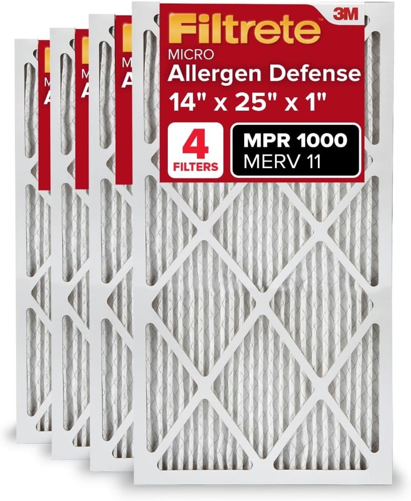 FILTRETE 14x25x1 AC Furnace Air Filter, MERV 11, MPR 1000, Micro Allergen Defense, 3-Month Pleated 1-Inch Electrostatic Air Cleaning Filter, 4 Pack (Actual Size 13.81 x 24.81 x 0.81 in) - Image 1