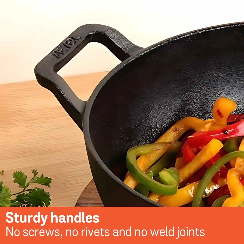 MEYER Meyer Pre Seasoned Cast Iron Kadai|Iron Kadhai with Lid for Cooking and Stir Frying | Heavy Base Iron Kadai Big Size | Gas Stove and Induction Friendly 30cm/ 4.5 Liters, Black  - Image 5
