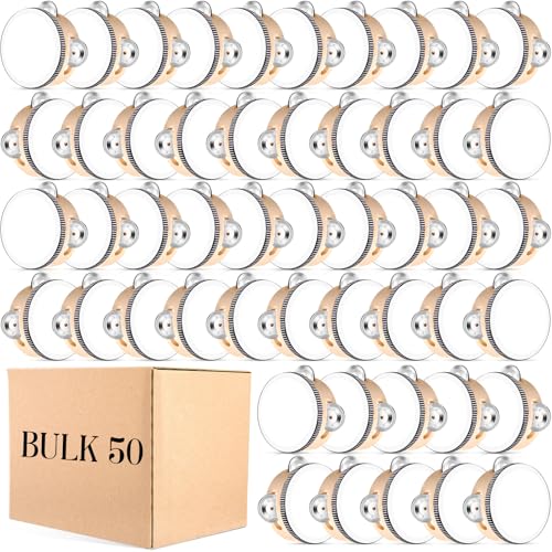 Lukmaa 50 Pcs 4 Inch Wedding Tambourine Bulk Drum for Adults Hand Held Percussion Gift Wood Metal Jingles Musical Educational Drum Instrument for Church Wedding Party Favor - Image 1