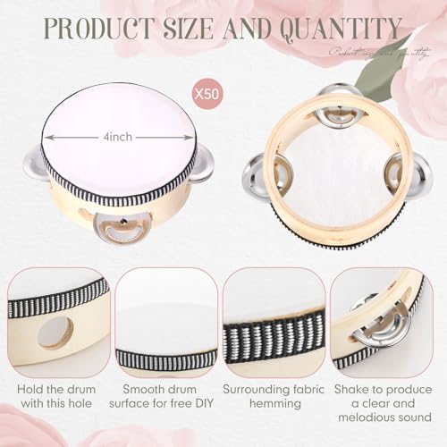 Lukmaa 50 Pcs 4 Inch Wedding Tambourine Bulk Drum for Adults Hand Held Percussion Gift Wood Metal Jingles Musical Educational Drum Instrument for Church Wedding Party Favor - Image 3