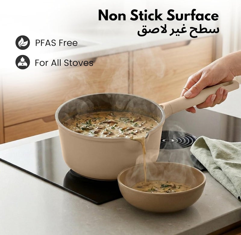 كاروت مقلاة غير لاصقة سعة 1.9 لتر مع غطاء مع فوهة صب ومصفاة، خالية من PFAS و PFOA للطهي الصحي، مقواة بالتيتانيوم مع مقبض مقاوم للحرارة، متوافقة مع جميع أنواع المواقد، آمنة للغسل في غسالة الأطباق (اللون الرم��دي الداكن) - Image 3