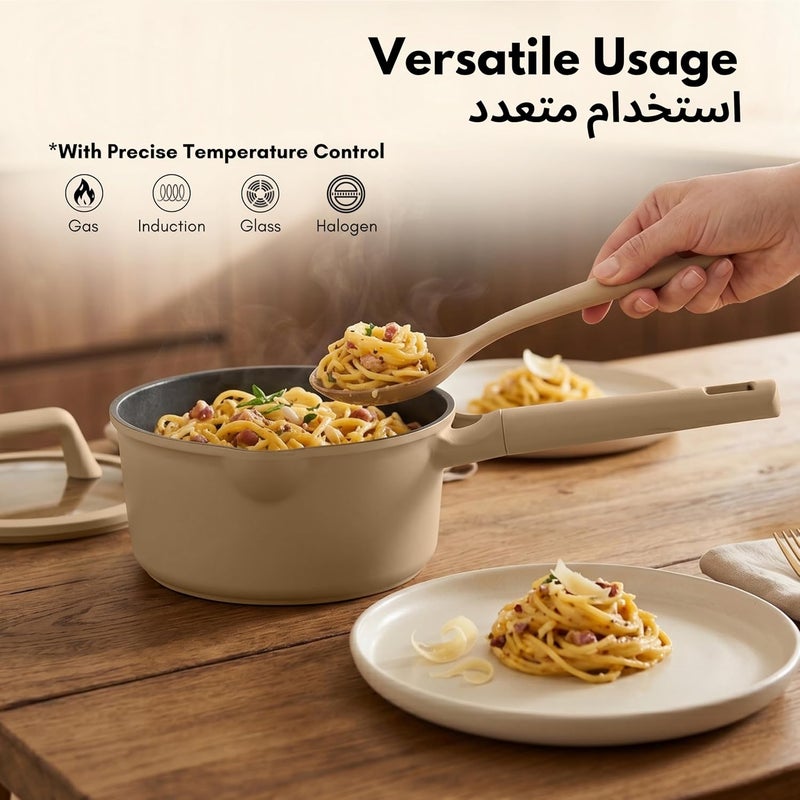 كاروت مقلاة غير لاصقة سعة 1.9 لتر مع غطاء مع فوهة صب ومصفاة، خالية من PFAS و PFOA للطهي الصحي، مقواة بالتيتانيوم مع مقبض مقاوم للحرارة، متوافقة مع جميع أنواع المواقد، آمنة للغسل في غسالة الأطباق (اللون الرم��دي الداكن) - Image 5