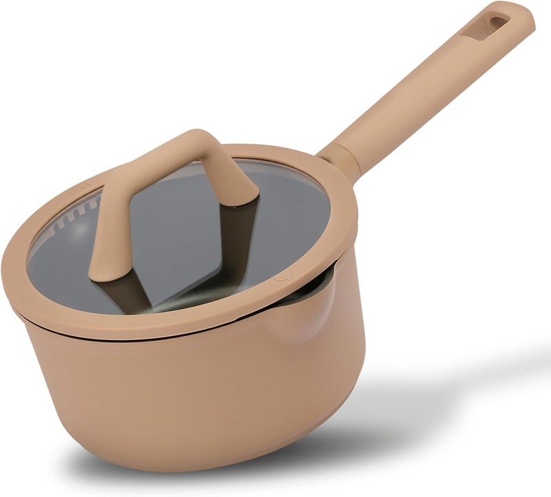 كاروت مقلاة غير لاصقة سعة 1.9 لتر مع غطاء مع فوهة صب ومصفاة، خالية من PFAS و PFOA للطهي الصحي، مقواة بالتيتانيوم مع مقبض مقاوم للحرارة، متوافقة مع جميع أنواع المواقد، آمنة للغسل في غسالة الأطباق (اللون الرم��دي الداكن) - Image 1