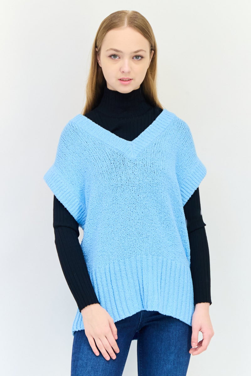 ESPRIT Women Knitted Short Sleeves Sweater, Sky Blue  - Image 1