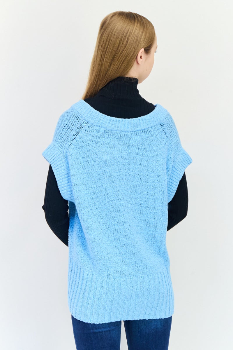 ESPRIT Women Knitted Short Sleeves Sweater, Sky Blue  - Image 3