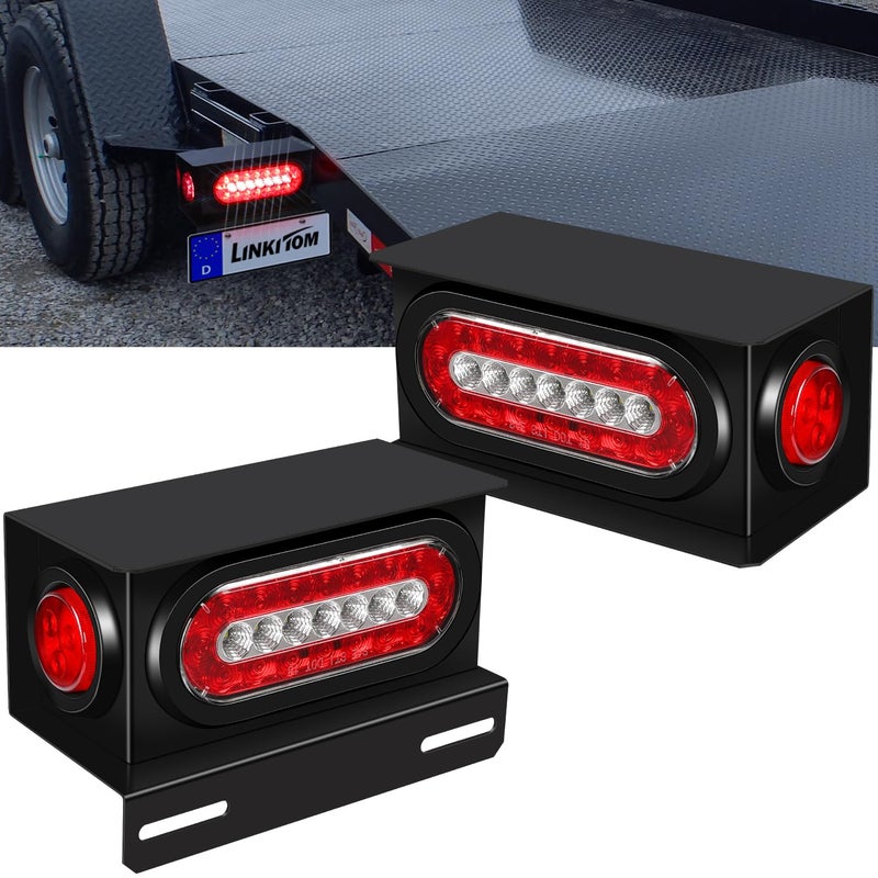 LINKITOM 2 PCS Trailer Lights Welded Mount Steel Boxes Kit wLicense Plate Bracket 6 inch RedWhite LED Oval Tail Red Round Side wGrommet Plugs KW8055Z001