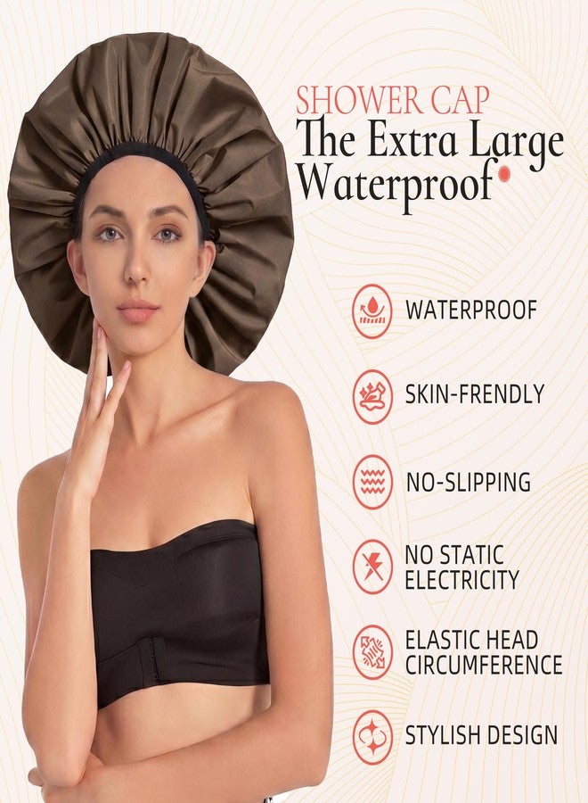 Edoneery Extra Large Shower Cap for Women, Reusable Waterproof Shower Bonnet with Satin Lining, Double Layer Washable Bath Hair Cap for Braids, Locs, Long Thick Curly Hair, Natural Hair(Big Dark Coffee - Image 2