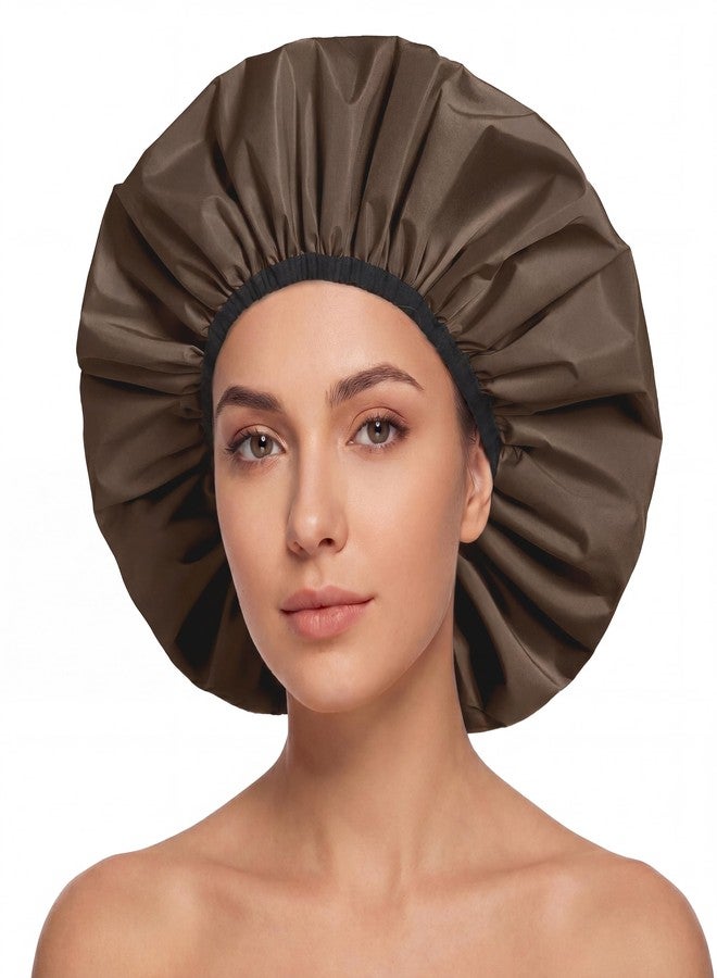 Edoneery Extra Large Shower Cap for Women, Reusable Waterproof Shower Bonnet with Satin Lining, Double Layer Washable Bath Hair Cap for Braids, Locs, Long Thick Curly Hair, Natural Hair(Big Dark Coffee - Image 1