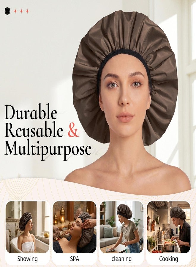 Edoneery Extra Large Shower Cap for Women, Reusable Waterproof Shower Bonnet with Satin Lining, Double Layer Washable Bath Hair Cap for Braids, Locs, Long Thick Curly Hair, Natural Hair(Big Dark Coffee - Image 3