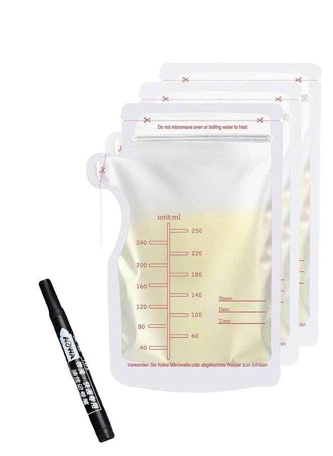 120 Piece Baby Self-standing Bottom Design Breast Milk Storage Bags With Double Zipper With 1 Marking Pen, 250 ML